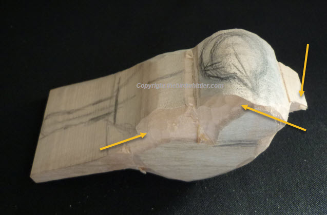 Arrows showing wood removed from the front of the head and also on the front beak.