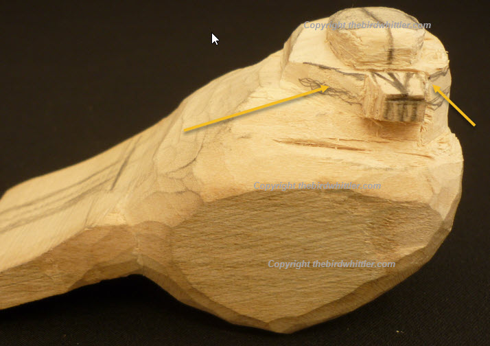 Arrows show how Im whittling back from the beak.