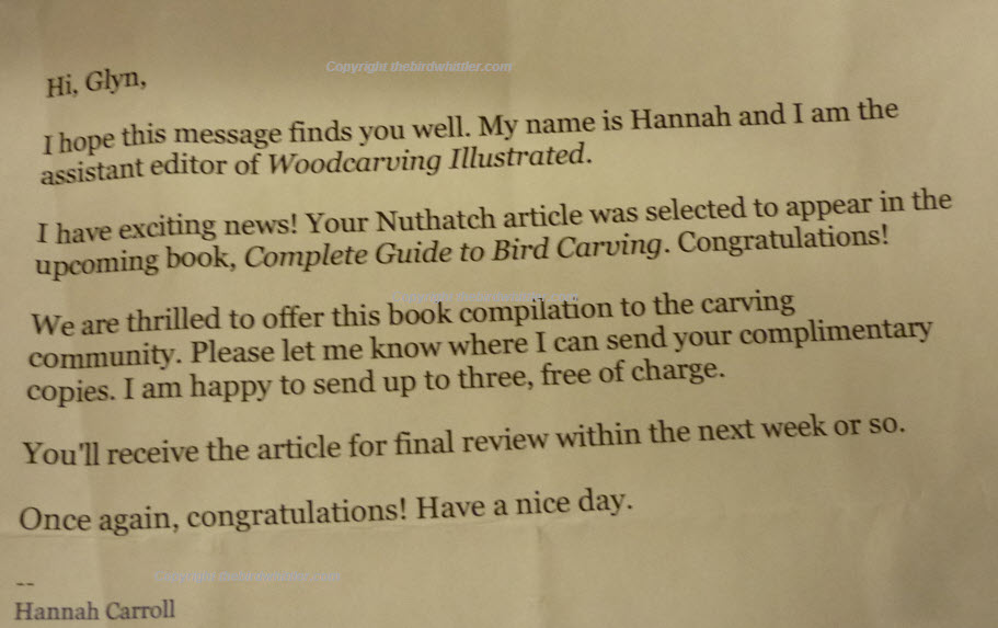 You will appear in the Complete Bird To Bird Carving. 